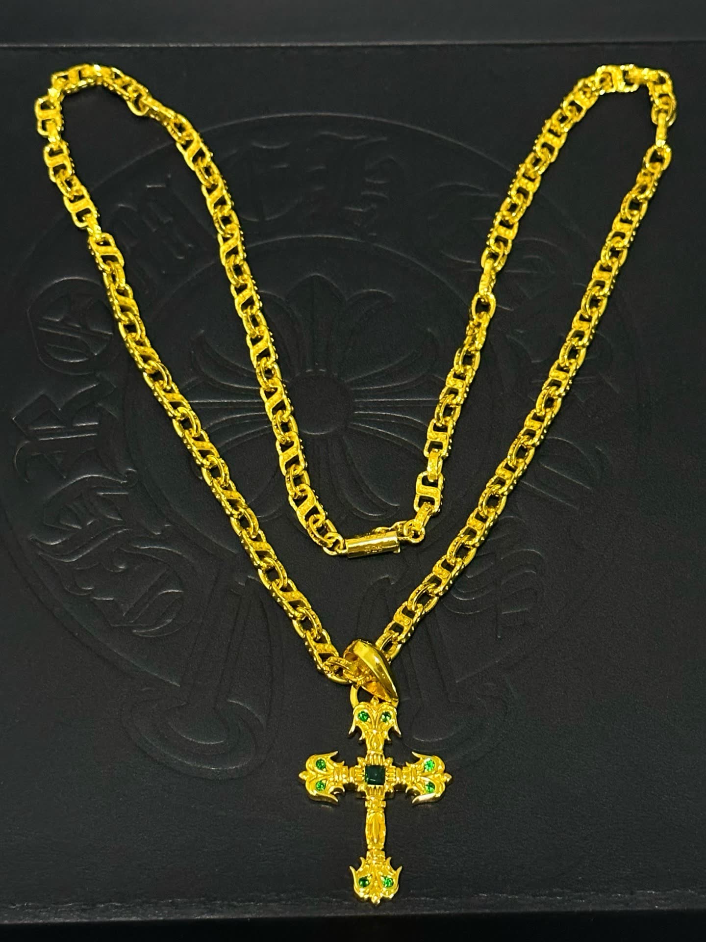 Chrome Hearts Gold-Plated Cross Pendant Necklace with Emerald Accents